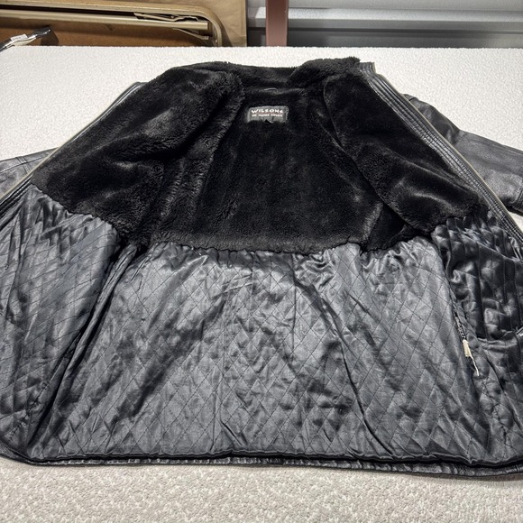 Wilsons Leather Coat Womens XL Black Belted Faux Shearling Zip Y2K Vintage - Picture 4 of 10